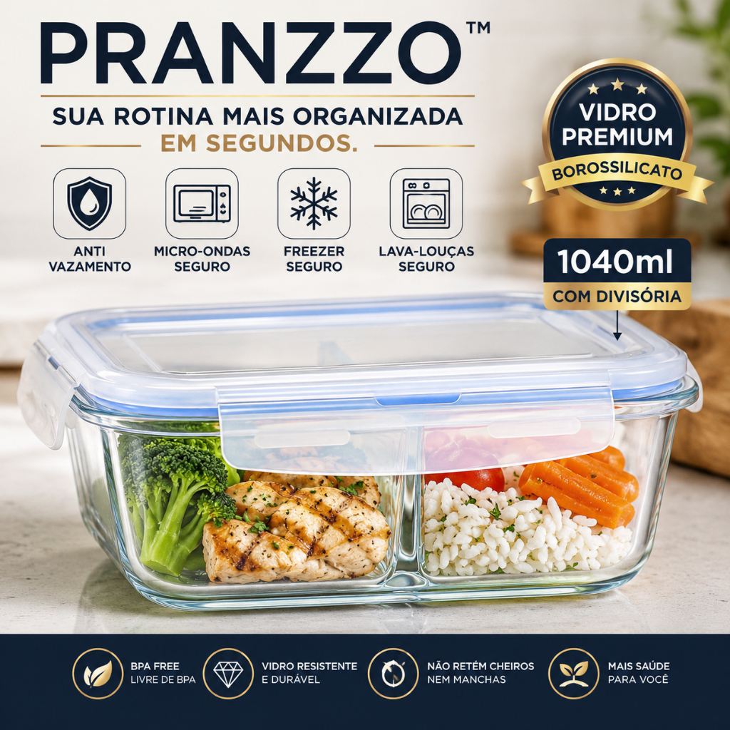 Pote Vidro Hermético Marmita Fitness 1040ml Com Divisória e Tampa Trava