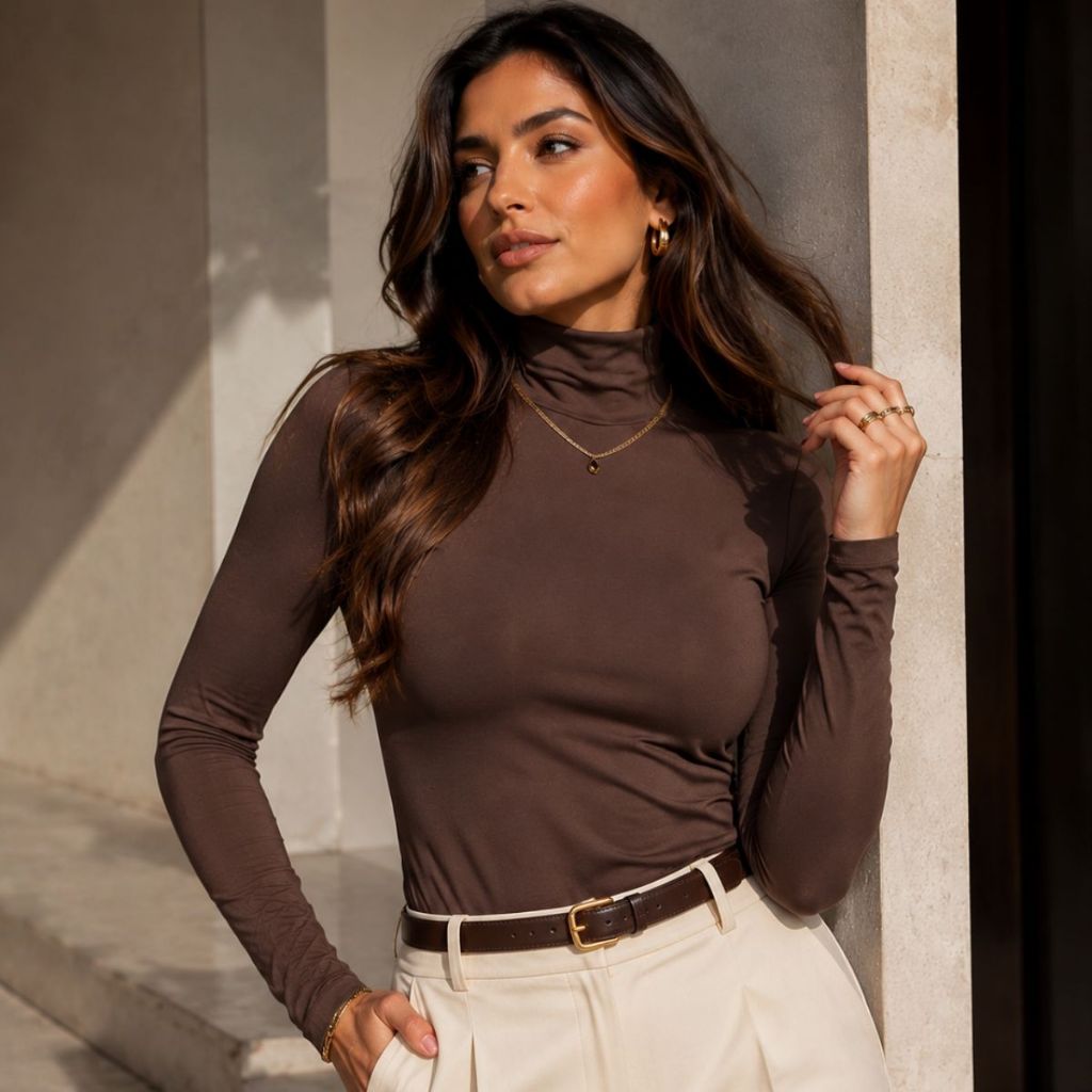 Blusa de Frio Feminina Cacharrel Camiseta Manga Longa Gola Alta