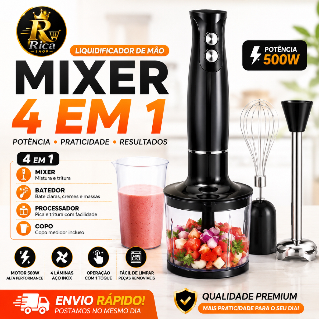 Mixer de Mão Elétrico 4 em 1 500W 127V com Mini Processador Batedor e Liquidificador