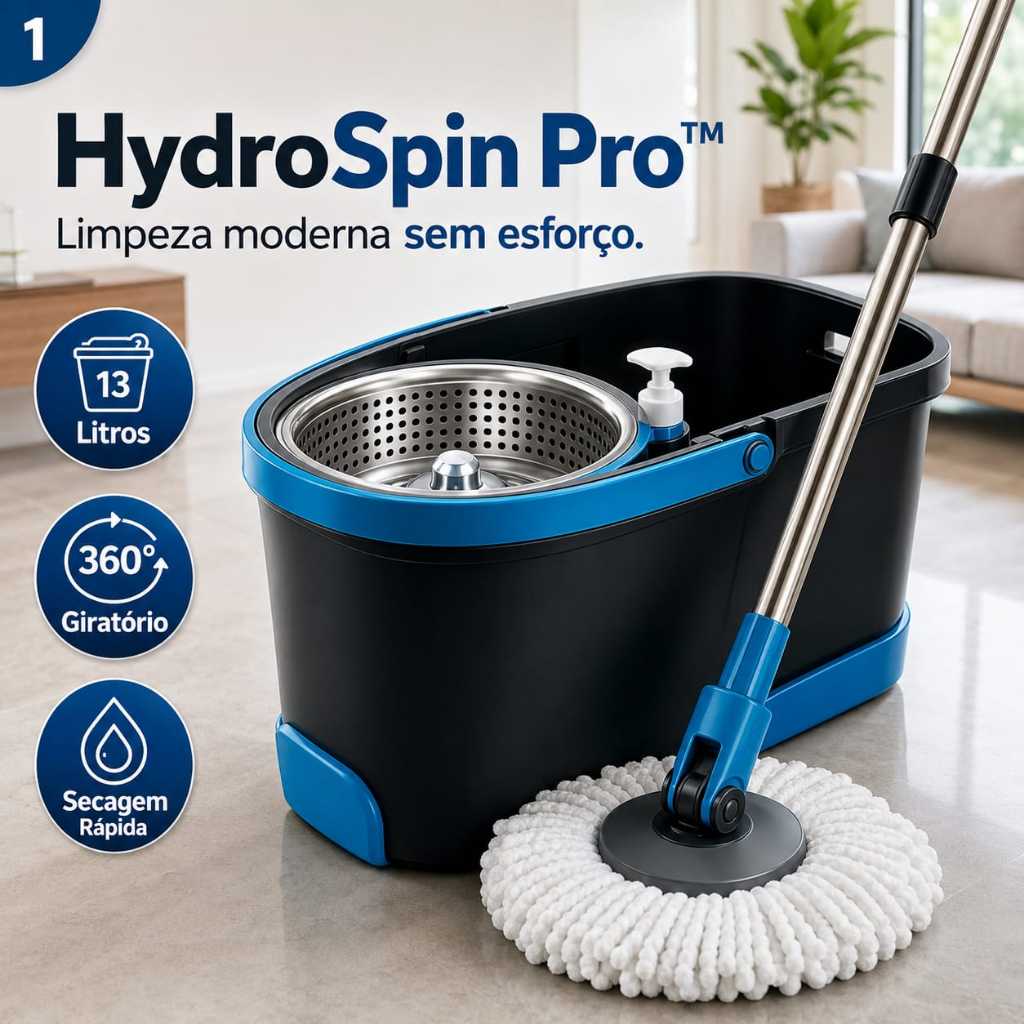 Mop Giratório HydroSpin Pro™ 13 Litros com Balde Centrífuga 360° e Alça Ergonômica para Limpeza