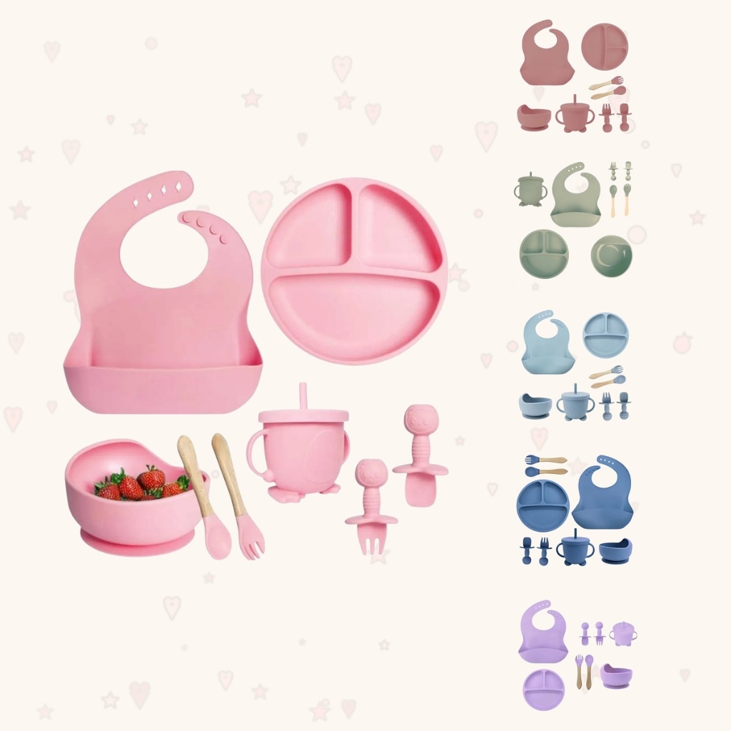 Kit Bebê Alimentação Silicone Prato Papinha Copo Colher Garfo Babador Infantil Introdução Criança