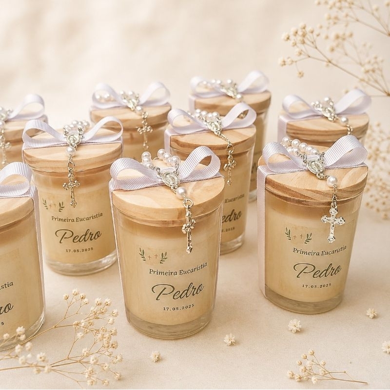 10 Lembrancinhas Primeira Eucaristia - Batizado- Casamento - Crisma- Mini Terço - Vela Aromática Pote 70ml com tampa