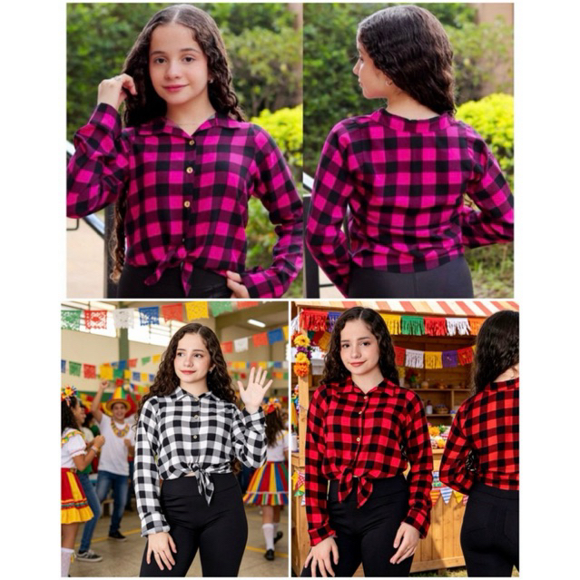 Camisa Infantil Xadrez Menina Amarração Festa Junina Blusa Cropped Blogueirinha Com Botões Caipira para tudo Brasil 🇧🇷