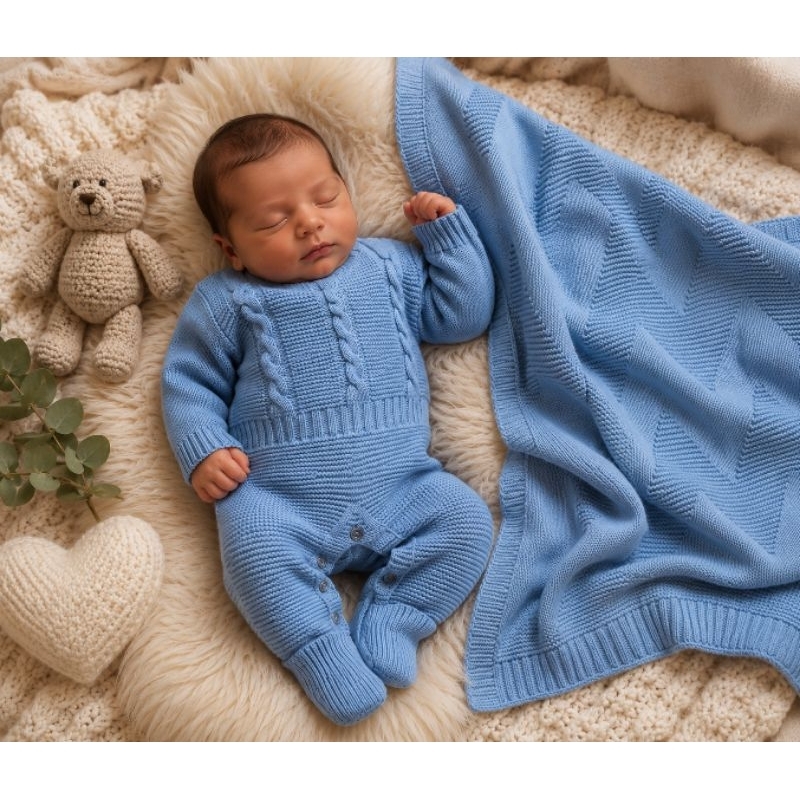 Kit Macacão Trança + Manta Cobertor Saída Maternidade Bebê Recém Nascido  Menino Menina Tricot Tricô