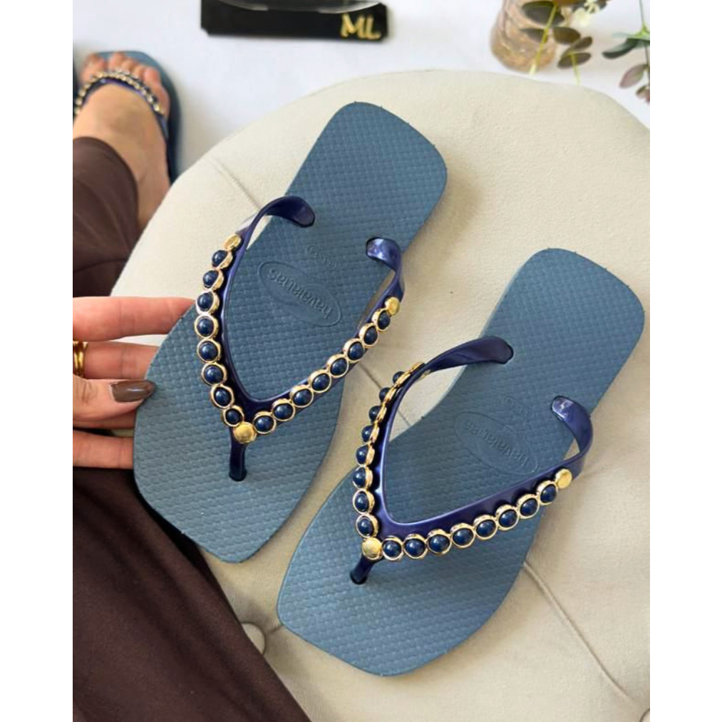 Chinelo Feminino Azul com Detalhes Dourado | Casual Slide Macio Confortável Leve Praia Antiderrapante | Estiloso Premium