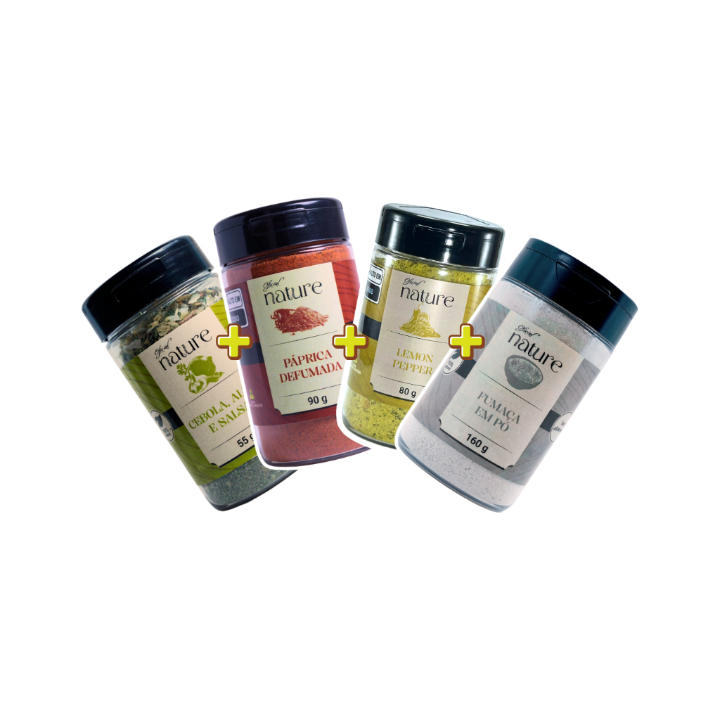 Kit Temperos 4 Potes Lemon Pepper + Páprica Defumada + Cebola Alho Salsa + Fumaça em Pó