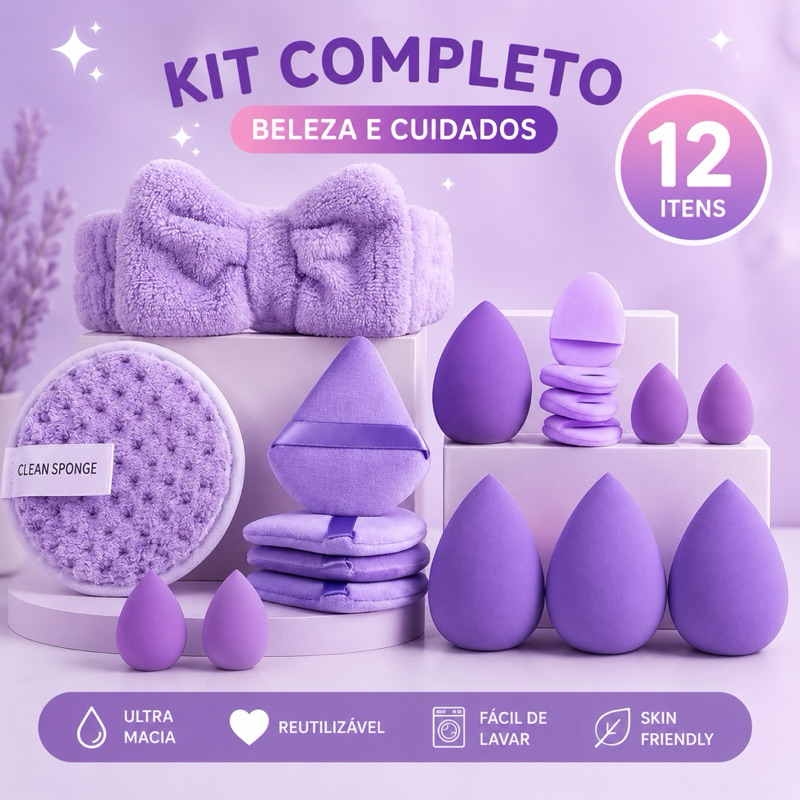 Kit 18 item Completo de Maquiagem e Skincare Love My Face – Esponjas + Faixa + Pads de Limpeza