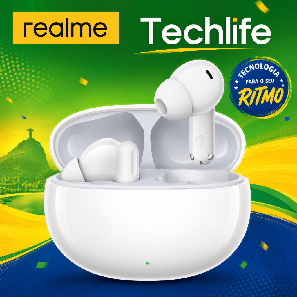 Realme Buds Techlife–Fone Sem Fio Bluetooth 5.4, Fone De Ouvido, IPX4 Prova D'Água, 45h de Bateria, Microfone Embutido