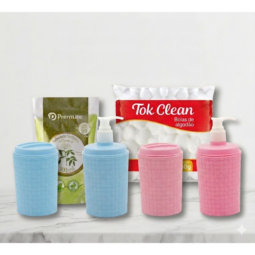 Kit Higiene Porta Algodão Porta Sabonete Líquido Para Bebê (AZUL/ROSA)