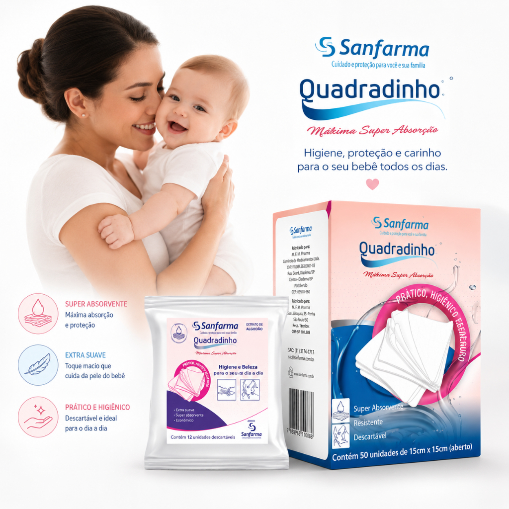 Lenço Banho Higiene Quadradinho Sanfarma Para Bebê 50 Unidades – Toque Suave Sem Fiapos Higiene