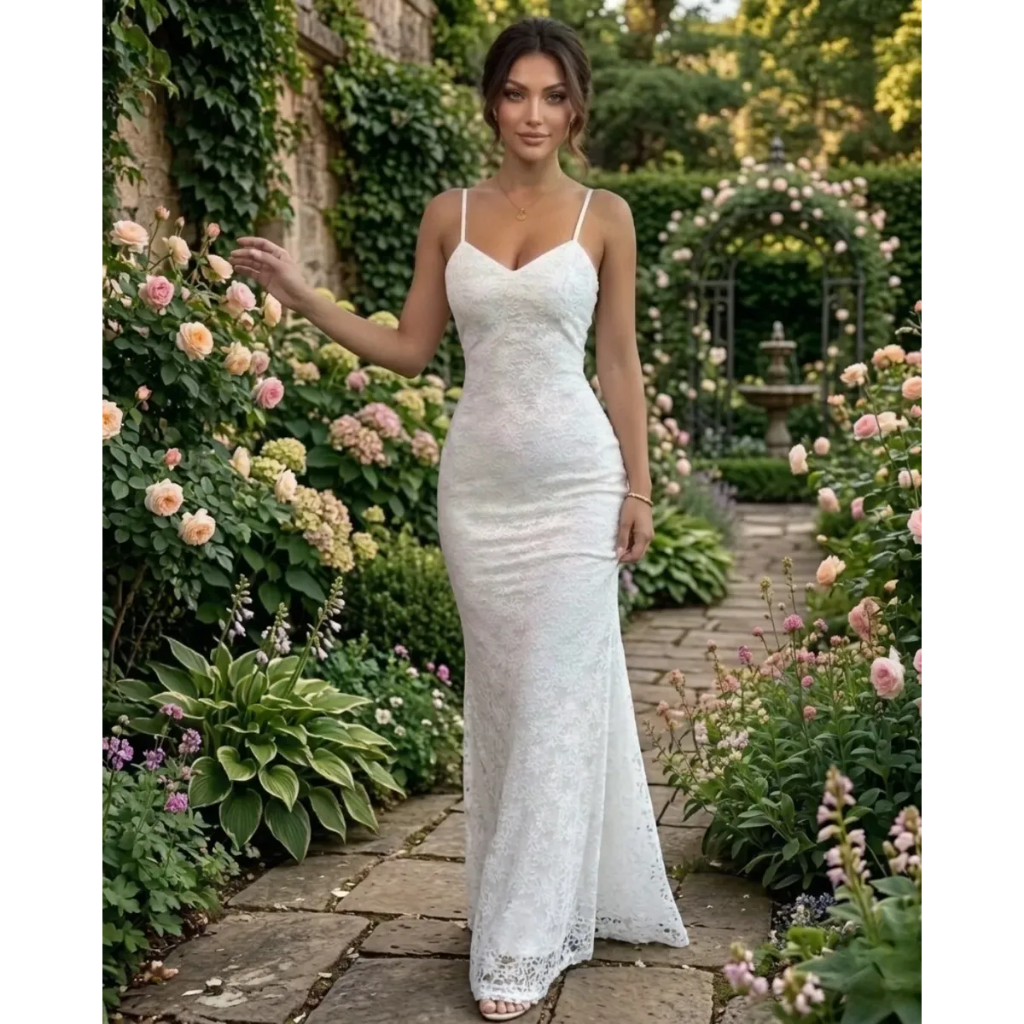 Vestido Longo Noiva Alças Finas Minimalista Renda Elegante