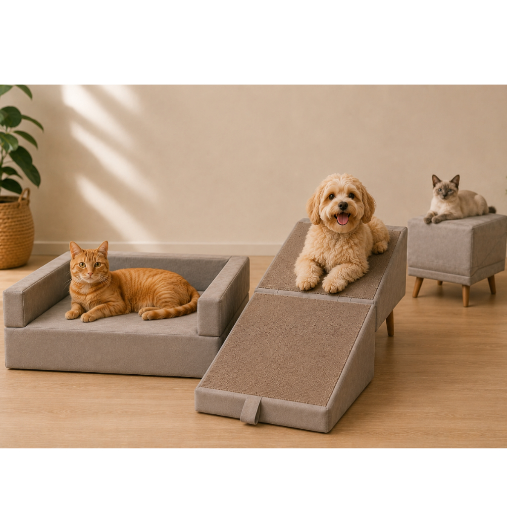 Jogo Conjunto Rampa Puff E Cama Sofá Pet Bege Suede Escada kit conforto