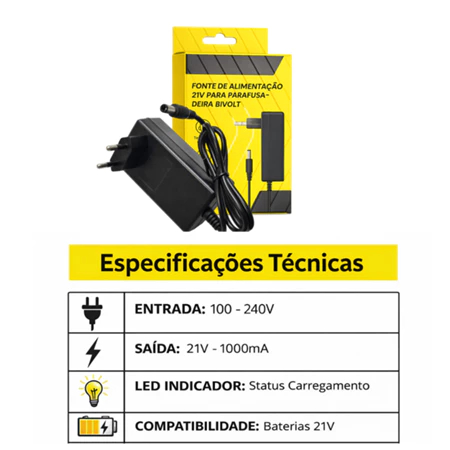 Detalhes do Fonte de Alimentação 21V para Parafusadeira Bivolt