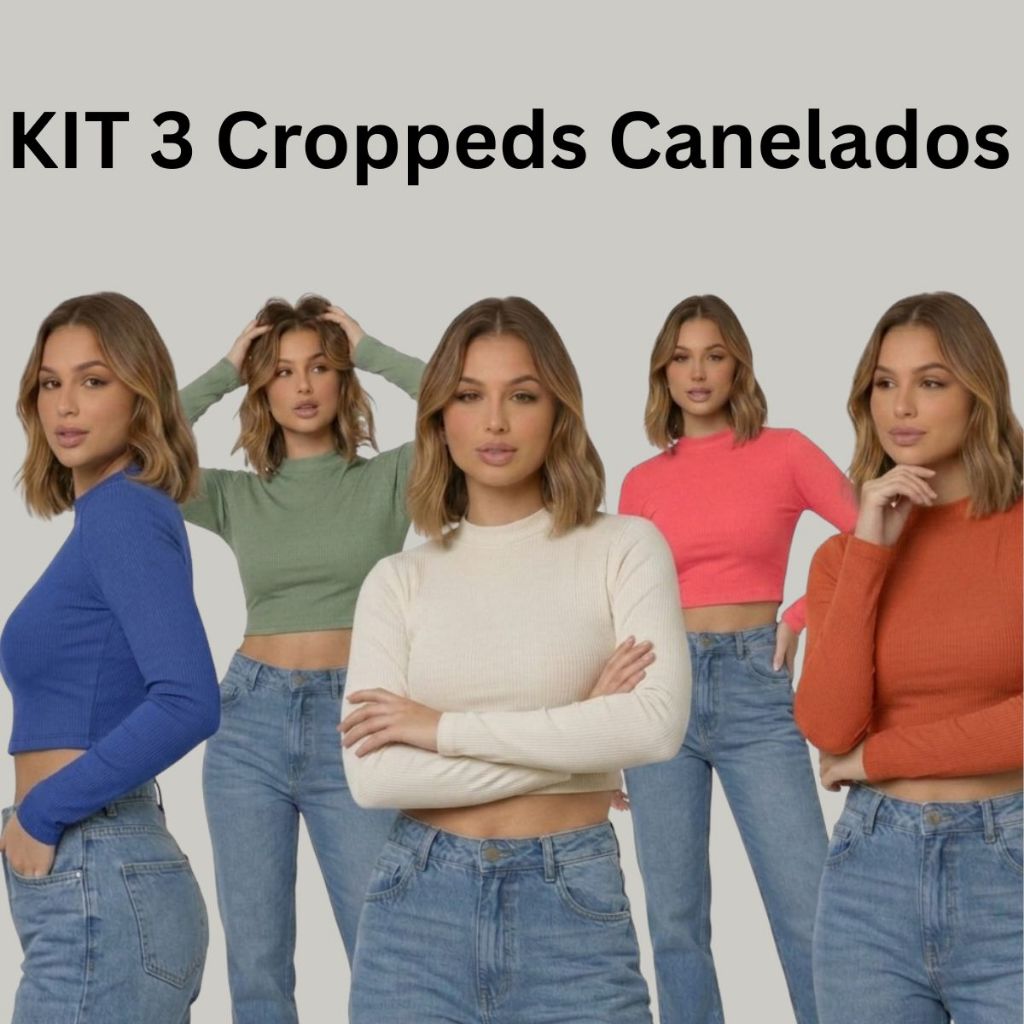 Kit 3 Cropped Manga Longa Ribana Canelada inverno