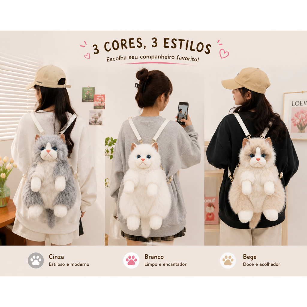 Mochila de Pelúcia Gato Bolsa que Simula Animal Fofo Macio Realista Que Mia com Som