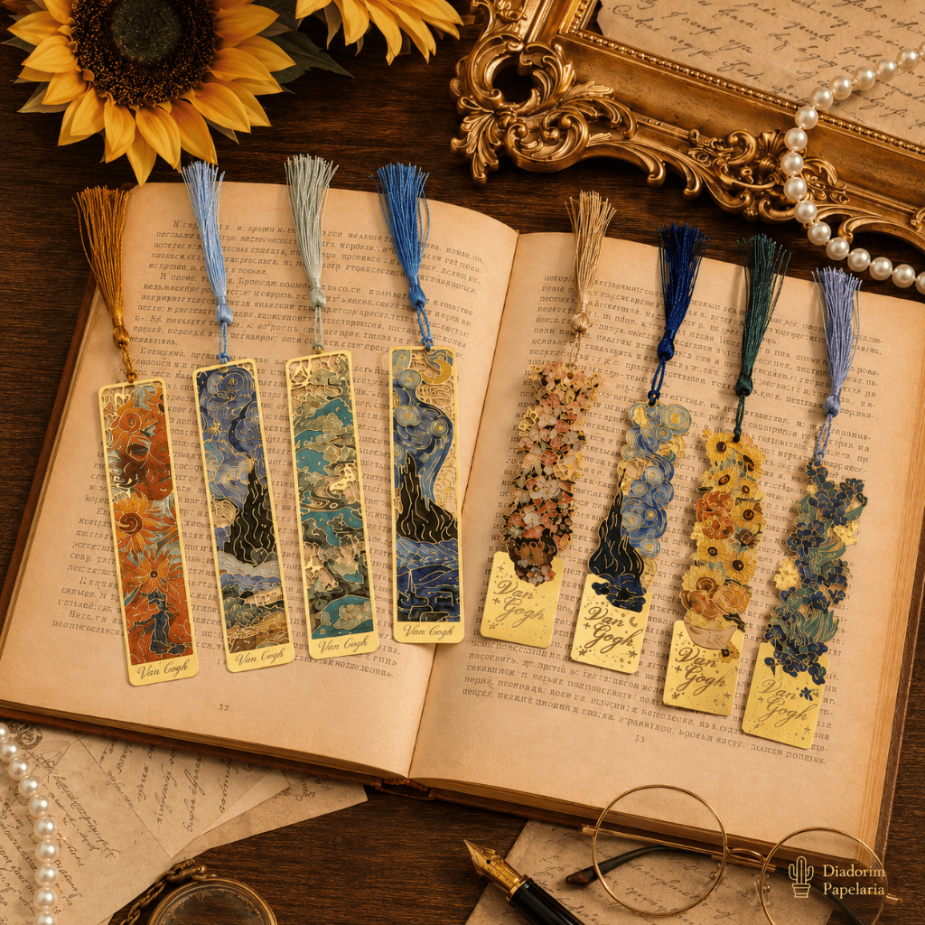 Marcador de Página Van Gogh em Metal com Franja | Marca Página Artístico Dourado para Livros, Planner e Presente