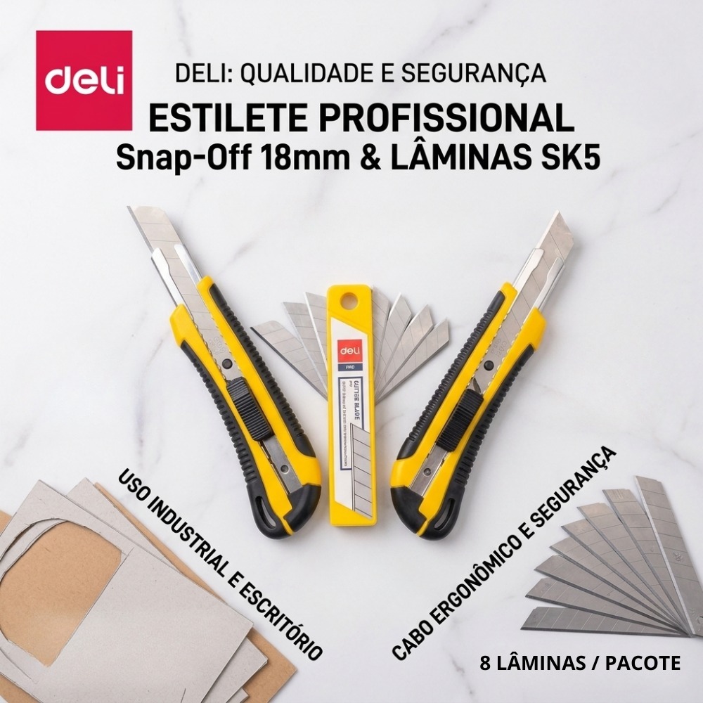 Estilete Multiuso Deli Emborrachado com Tubo de Lâminas de Aço Extra