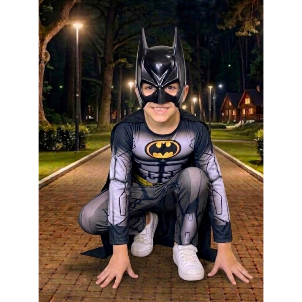 Fantasia Do Batman Longa Com Enchimento Capa E Mascara de Plastico