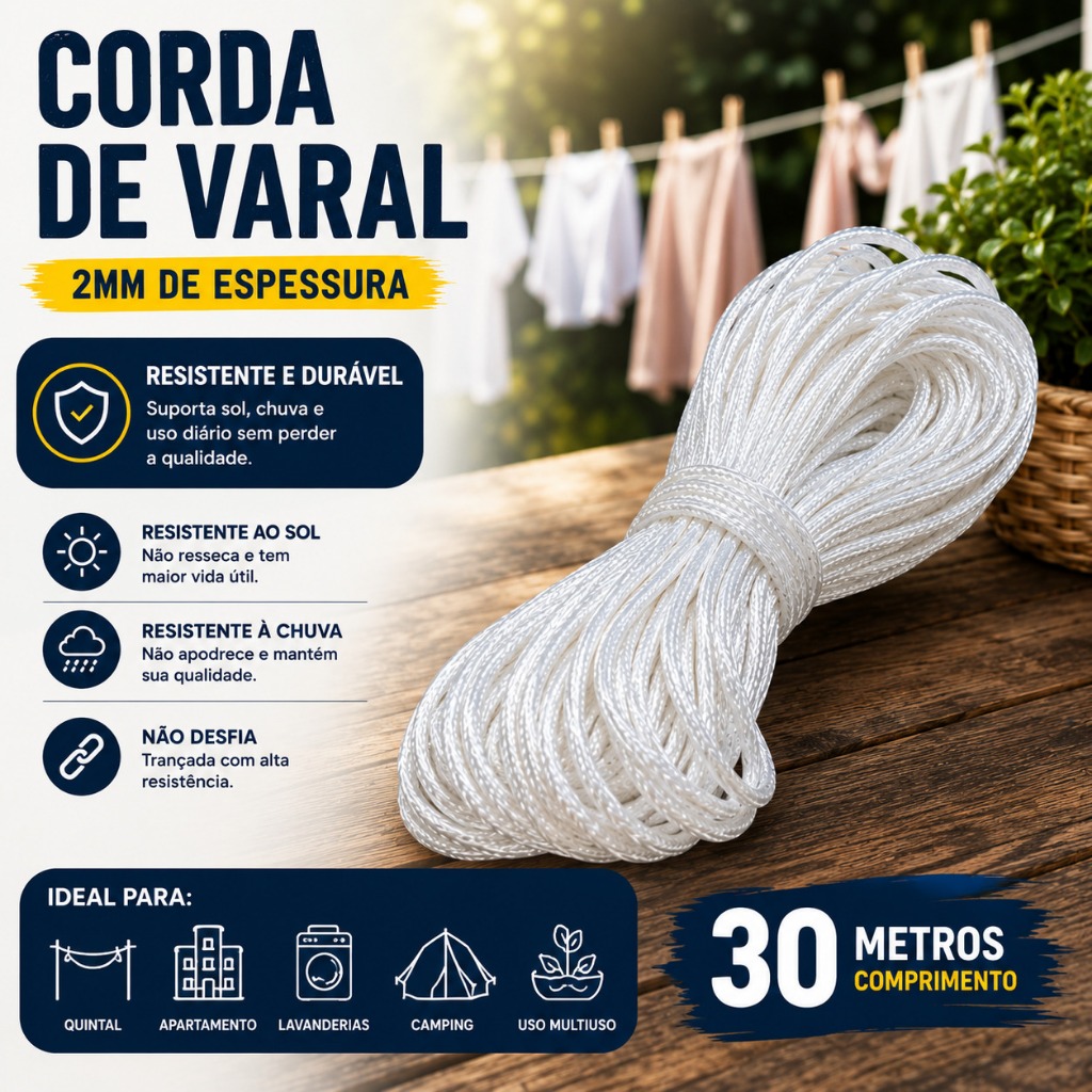 Corda De Varal 30 Metros 2mm Resistente Branca Quintal Apartamento Lavanderia Camping