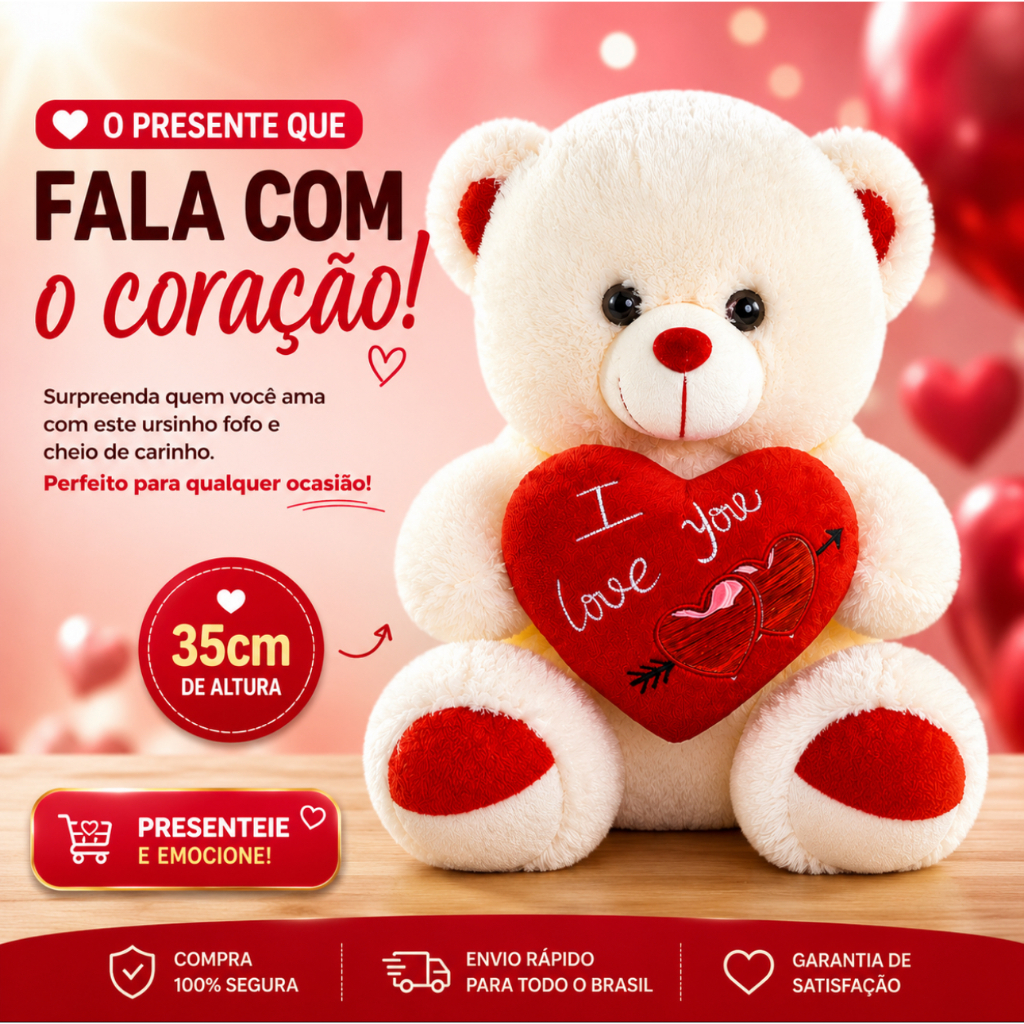 Urso de Pelúcia Com Coração Ursinho Te Amo Love Super Macio e Fofinho - Dia Dos Namorados