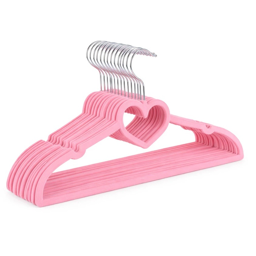 Kit 50 Cabide Infantil Veludo Slim Antideslizante Ultra Fino - Rosa Coração