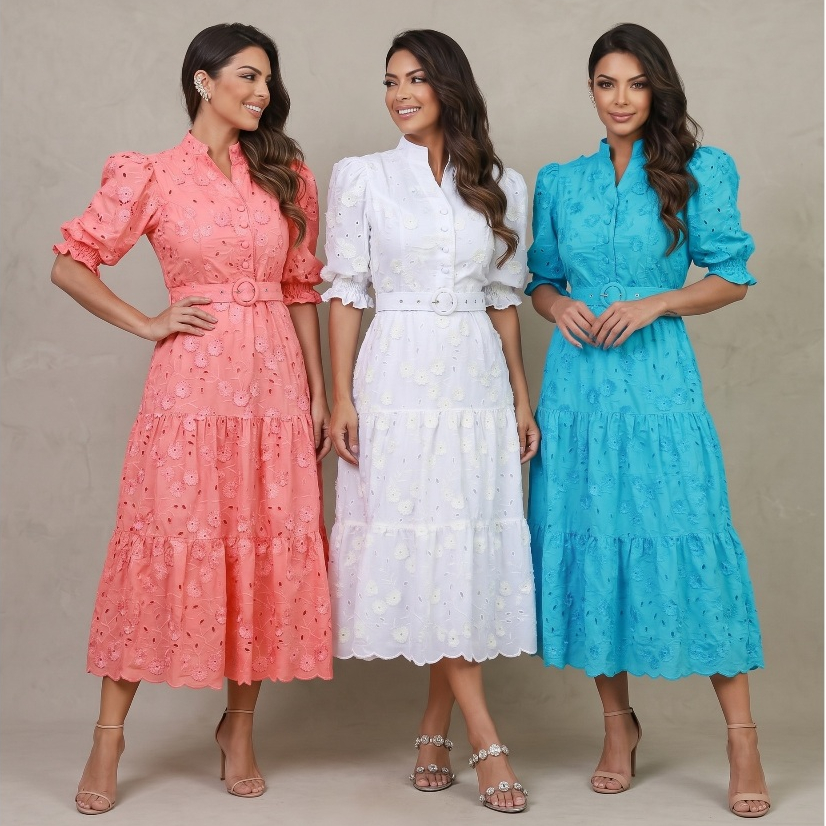Vestido Midi Solange Cinto Luxo Renda Bordado Algodão Festa Casamento Madrinha Branco Noiva Civil CN