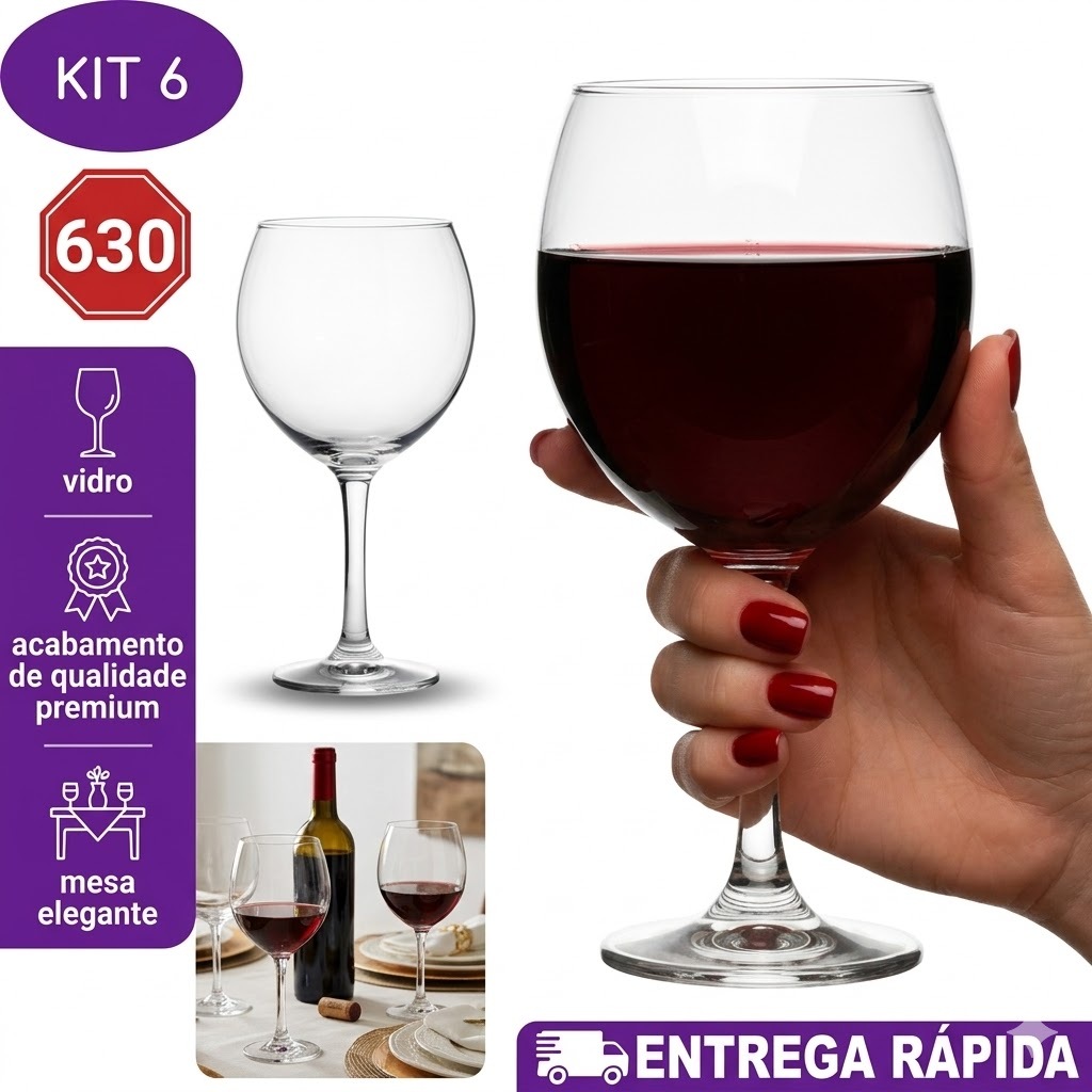 Kit Jogo de 04 Taças de Vidro Para Vinho Gyn Eden Coquetel 630ml Elegante luxo