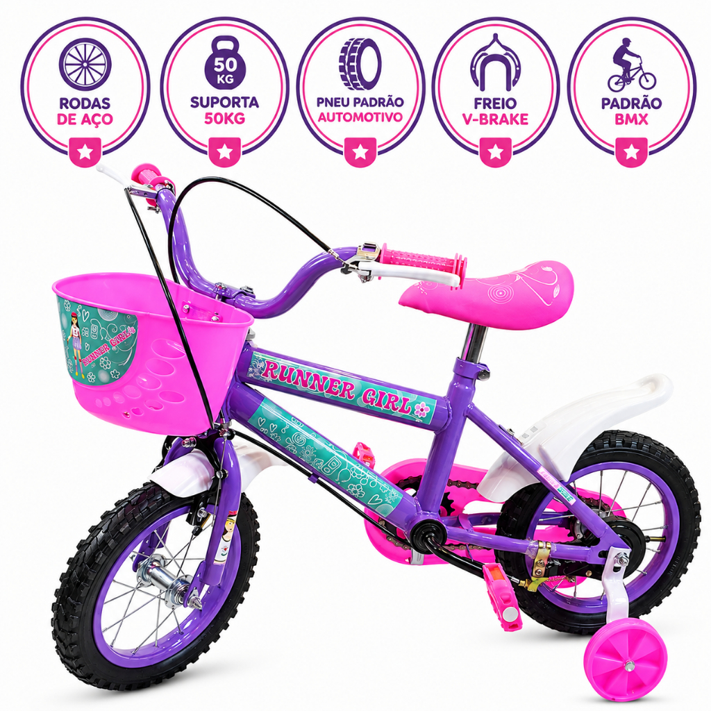 Bicicleta ARO 12 AÇO - Meninas 2 a 7 Anos - Pneu Borracha Automotivo - Freio VBRAKE - Banco Estofado
