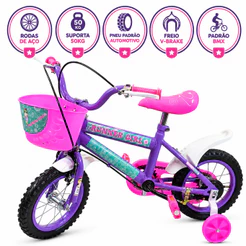 Bicicleta ARO 12 AÇO - Meninas 2 a 7 Anos - Pneu Borracha Automotivo - Freio VBRAKE - Banco Estofado