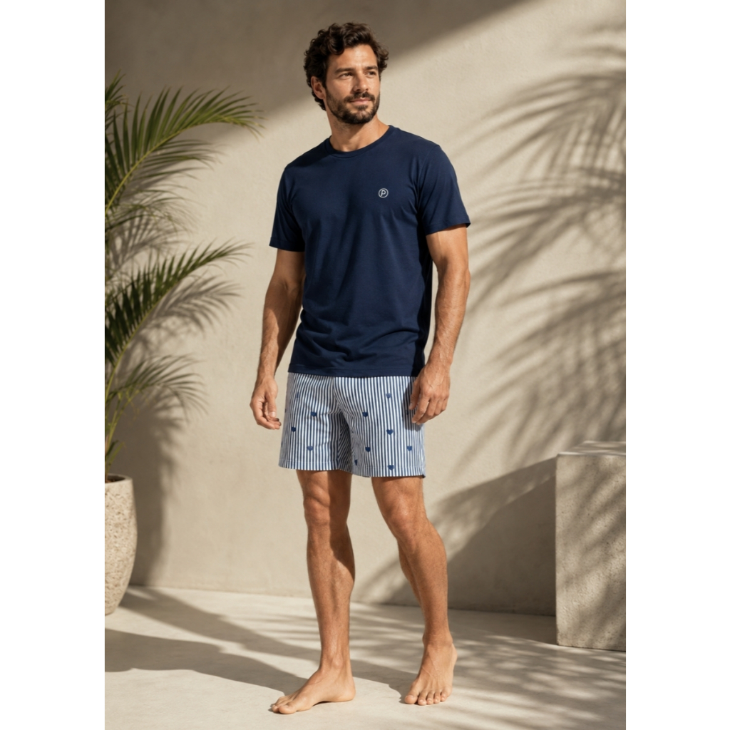 Pijama Masculino Manga Curta com Short Algodão Verão –Marinho / Listrado Marinho