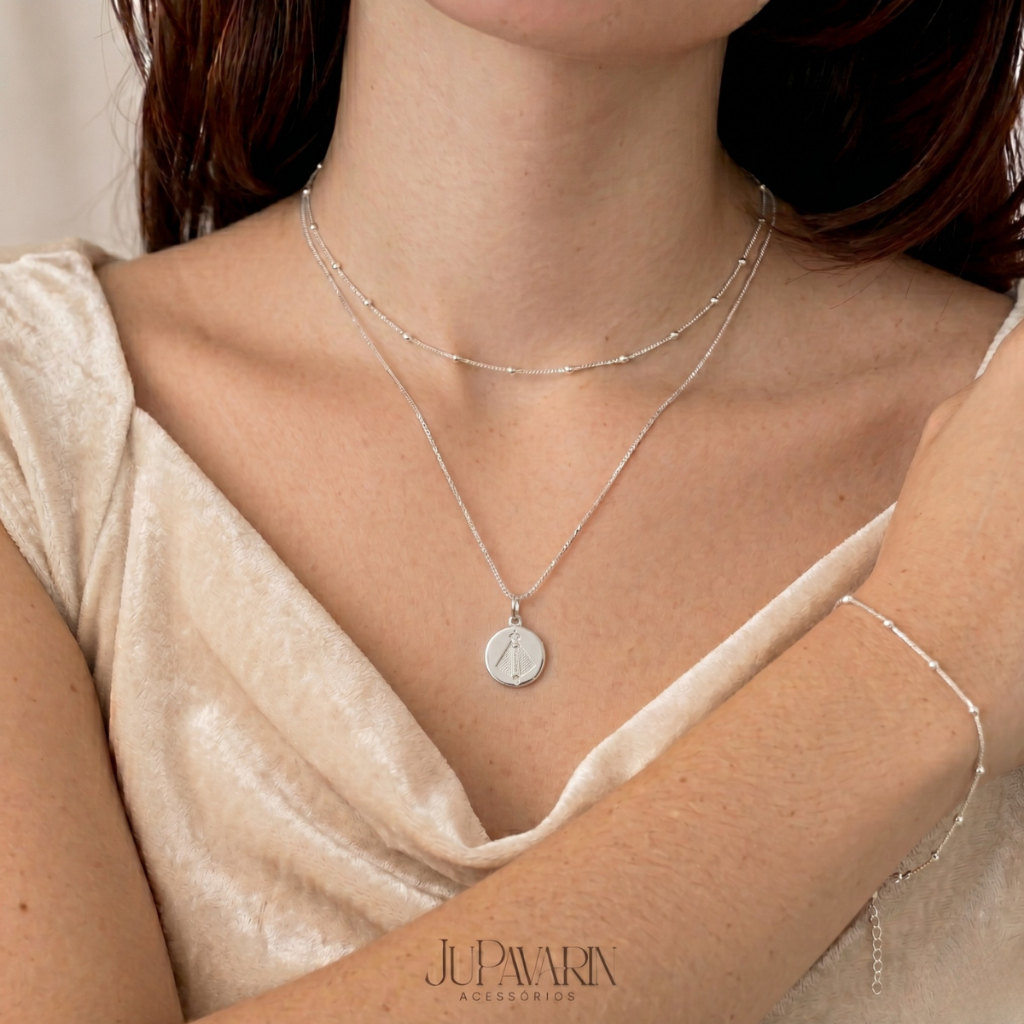 Conjunto Semijoia Feminino Banhado a Prata 925 Colar + Choker + Pulseira + Pingente Nossa Senhora