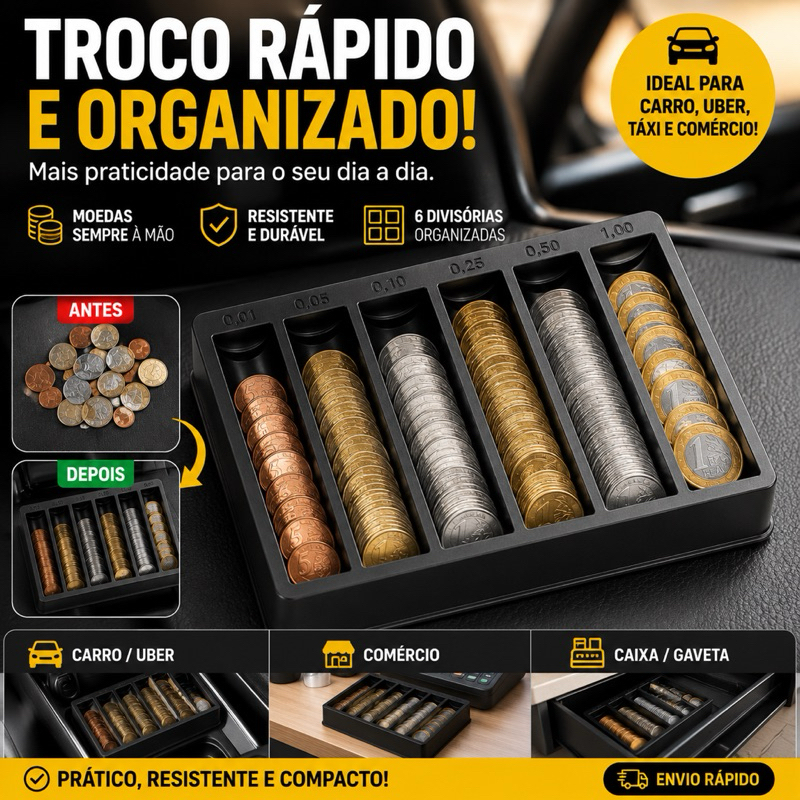 Porta Moedas Organizador de Troco Para Carro Uber Táxi Caixa Gaveta Comércio