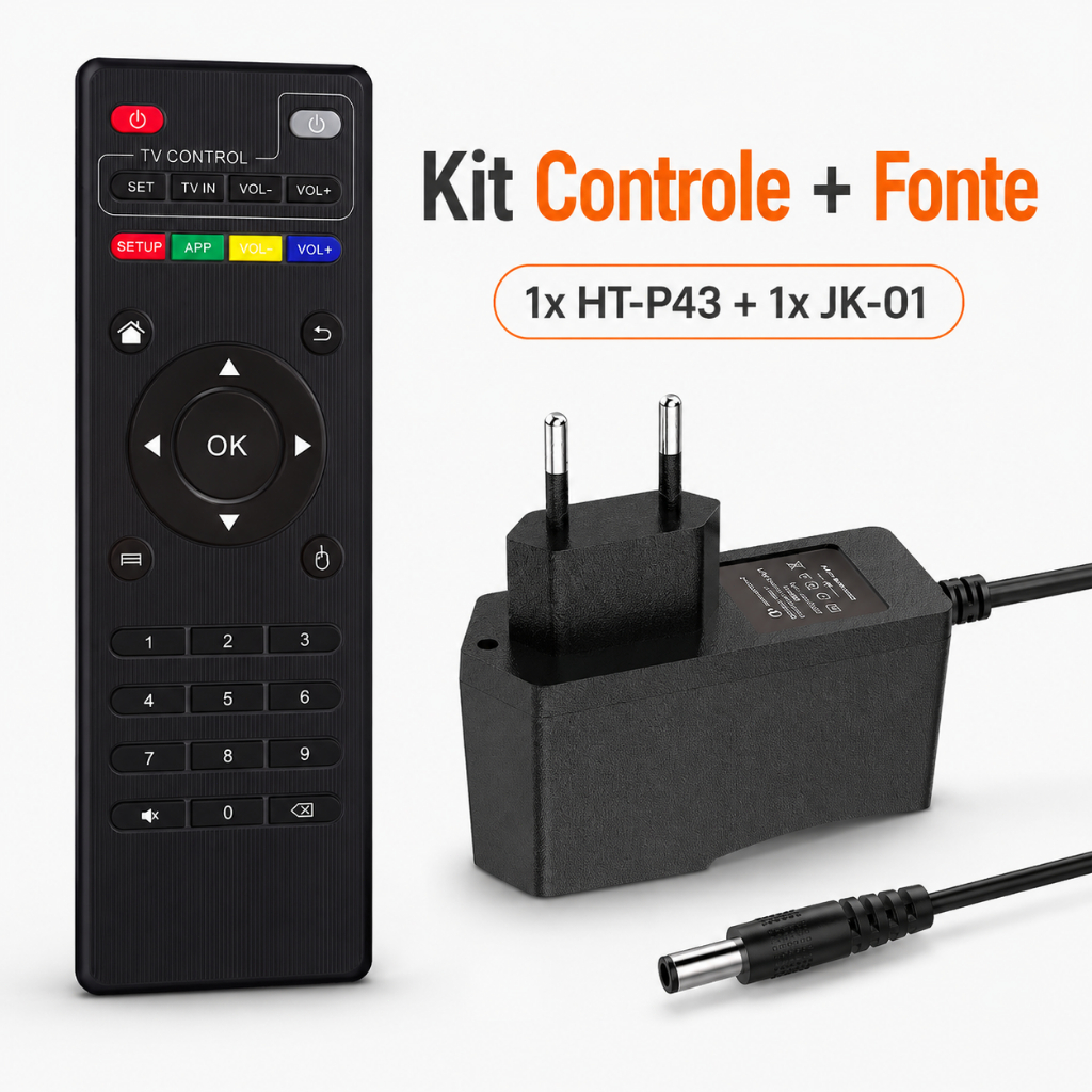Kit Controle Remoto HT-P43 Para Smart Box TV + Fonte 5V 2A Bivolt Plug P4 5.5mm JK-01