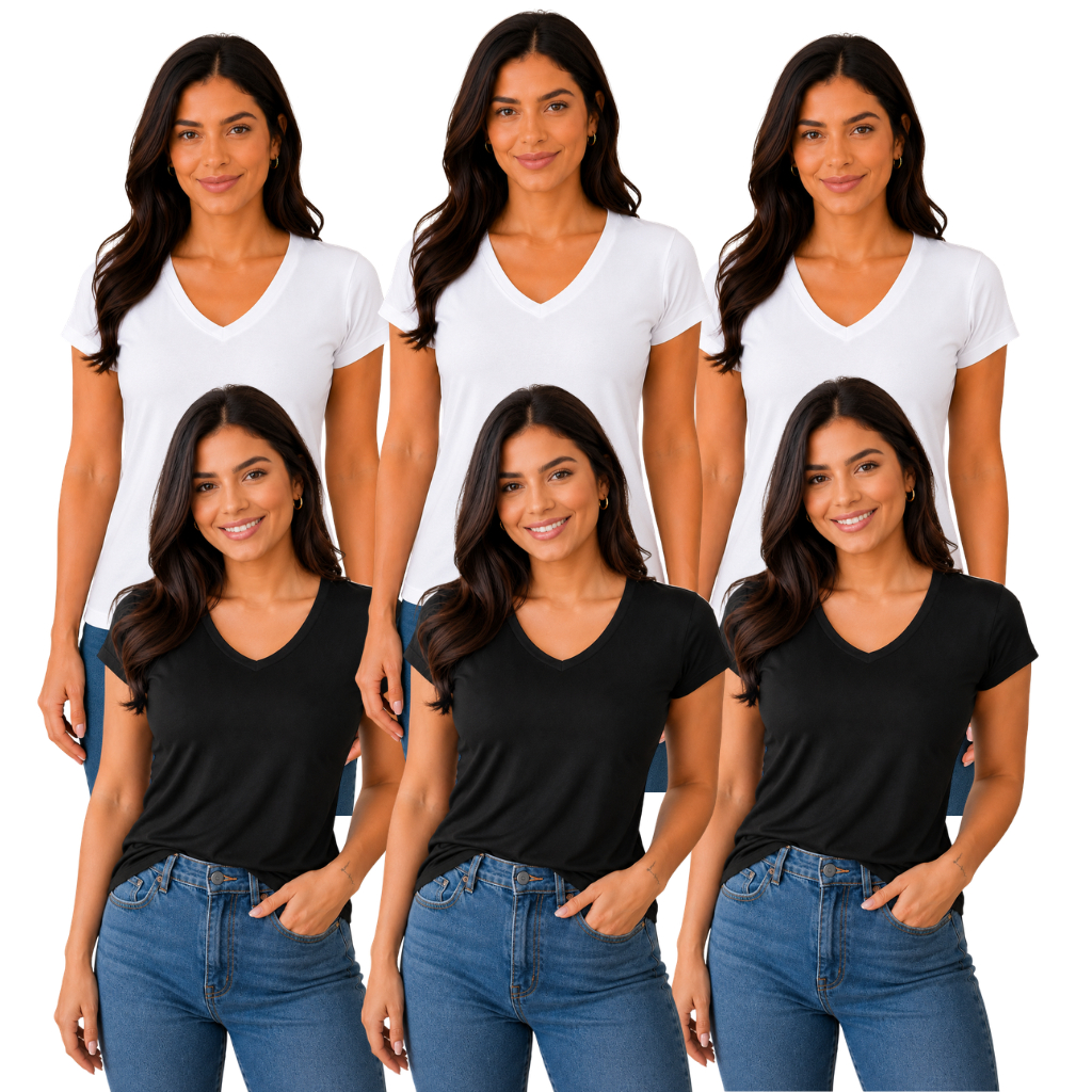 Kit com 6 Baby Look Feminina Gola 97% Viscose 3% Elastano Confortável e Estilosa