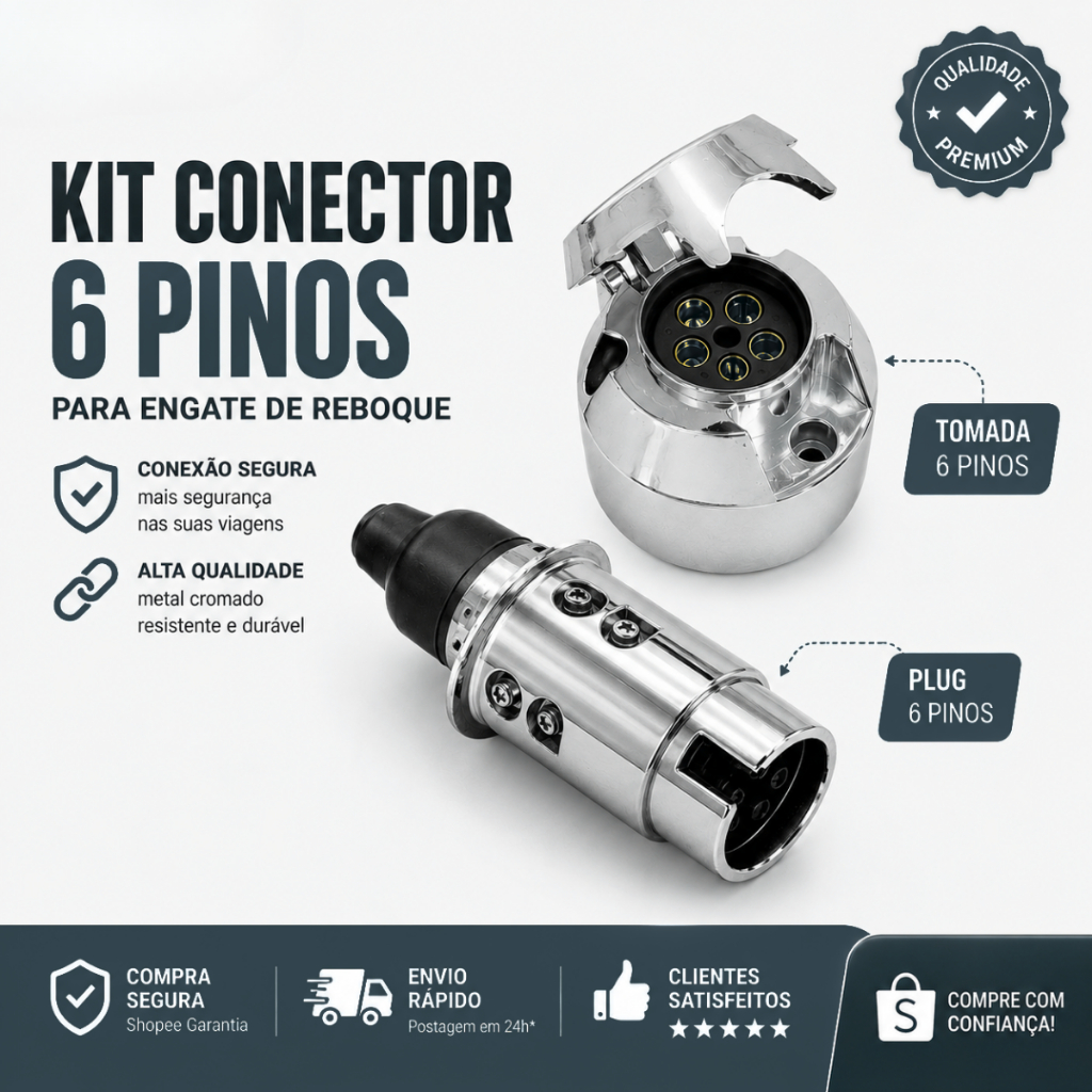 Tomada Fêmea e Tomada Macho Plug Cromado 6 pinos Carretinha Engate
