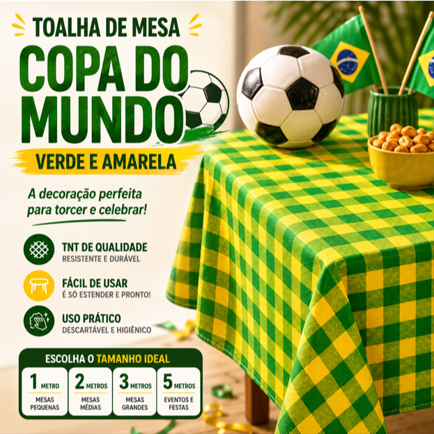 Toalha de mesa em TNT 40G Xadrez Amarelo com Verde, Decoração ,festa junina, Copa do mundo, BRASIL