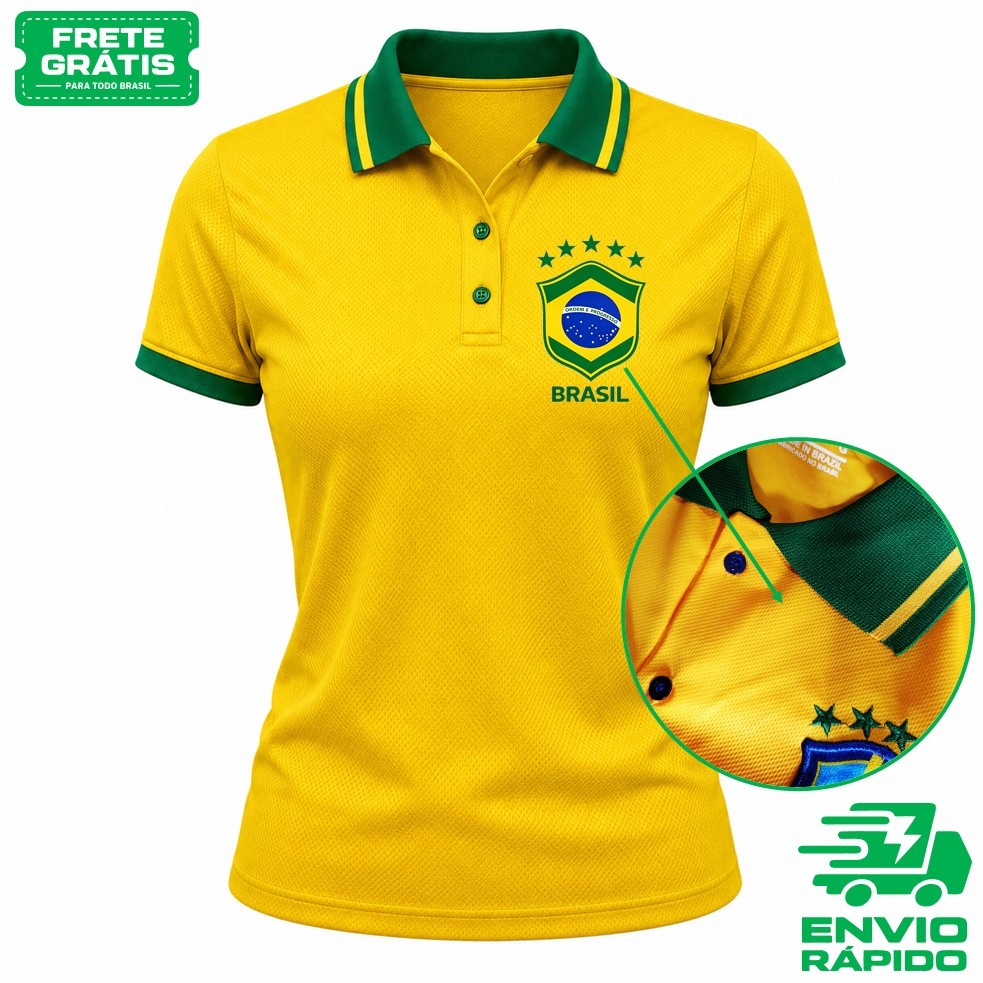 CAMISA CAMISETA POLO BRASIL BABY LOOK Bandeira Bordada Estilo Casual Torcedor Moda FEMININA Copa 2026