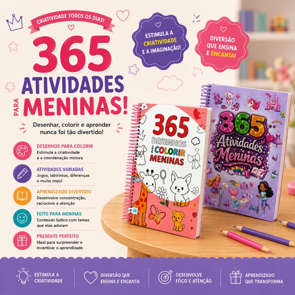 Kit 2 Livros Atividades e Desenhos Meninas Espiral presente para menina concentração e criatividade