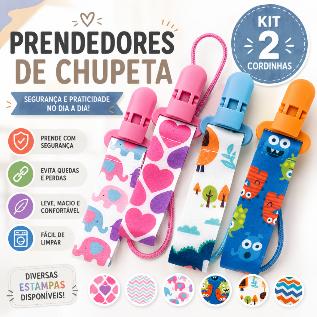Prendedor de Chupeta Universal Kit C/2 Cordinha de Chupeta Resistente Colorido Menino Menina