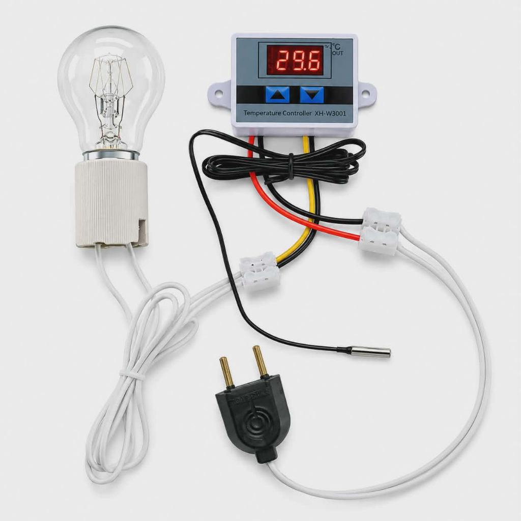 Kit Aquecimento Para Chocadeira  Incubadora Estufa Pinteiro e Outros Com Termostato e Soquete Para Lâmpada
