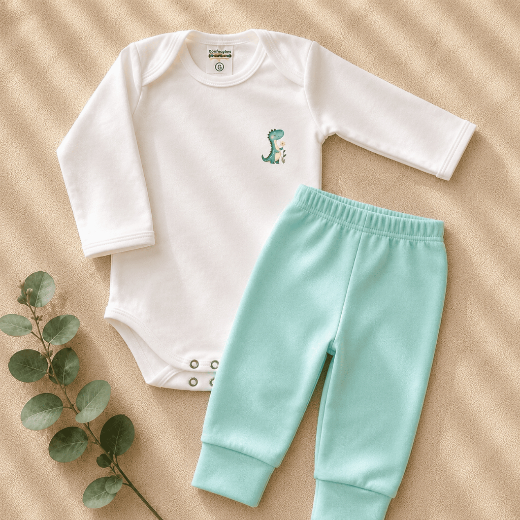 Conjunto Bebê Minimalista 2 Peças Body Manga Longa + mijão vira pé Algodão