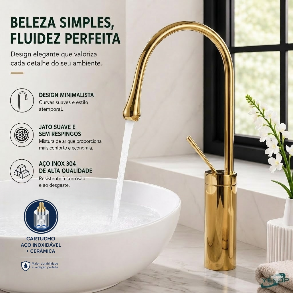 Torneira para Banheiro Cascata Dourada Design Luxo Monocomando Yesop