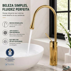 Torneira para Banheiro Cascata Dourada Design Luxo Monocomando Yesop