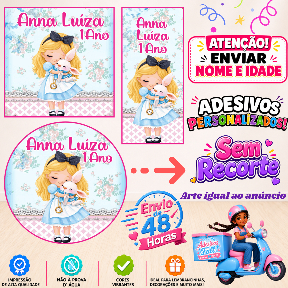 Alice no País das Maravilhas Cute - 100/60/40 Adesivos Personalizados Lembrancinhas Festa Aniversário
