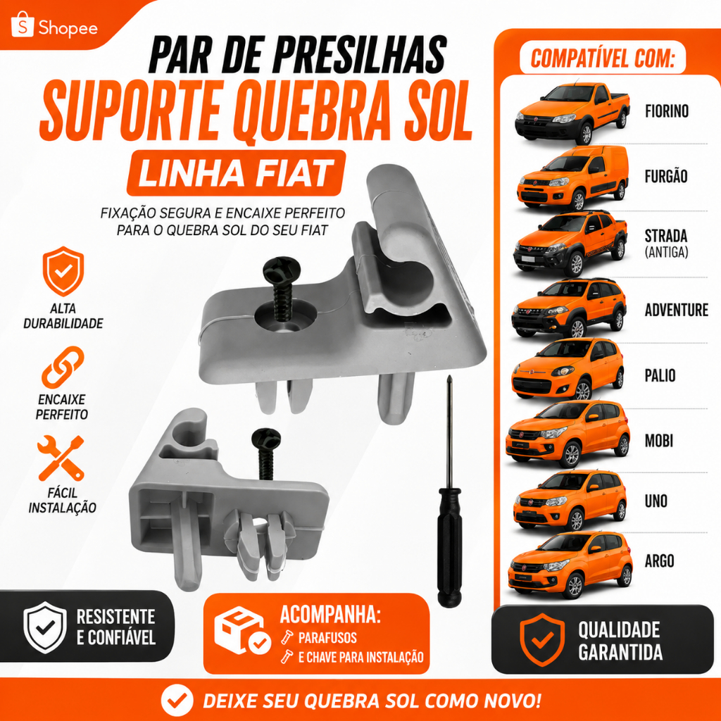 Par de Presilhas Suporte para Quebra Sol Linha Fiat Original + Parafusos e Chave para Instalação