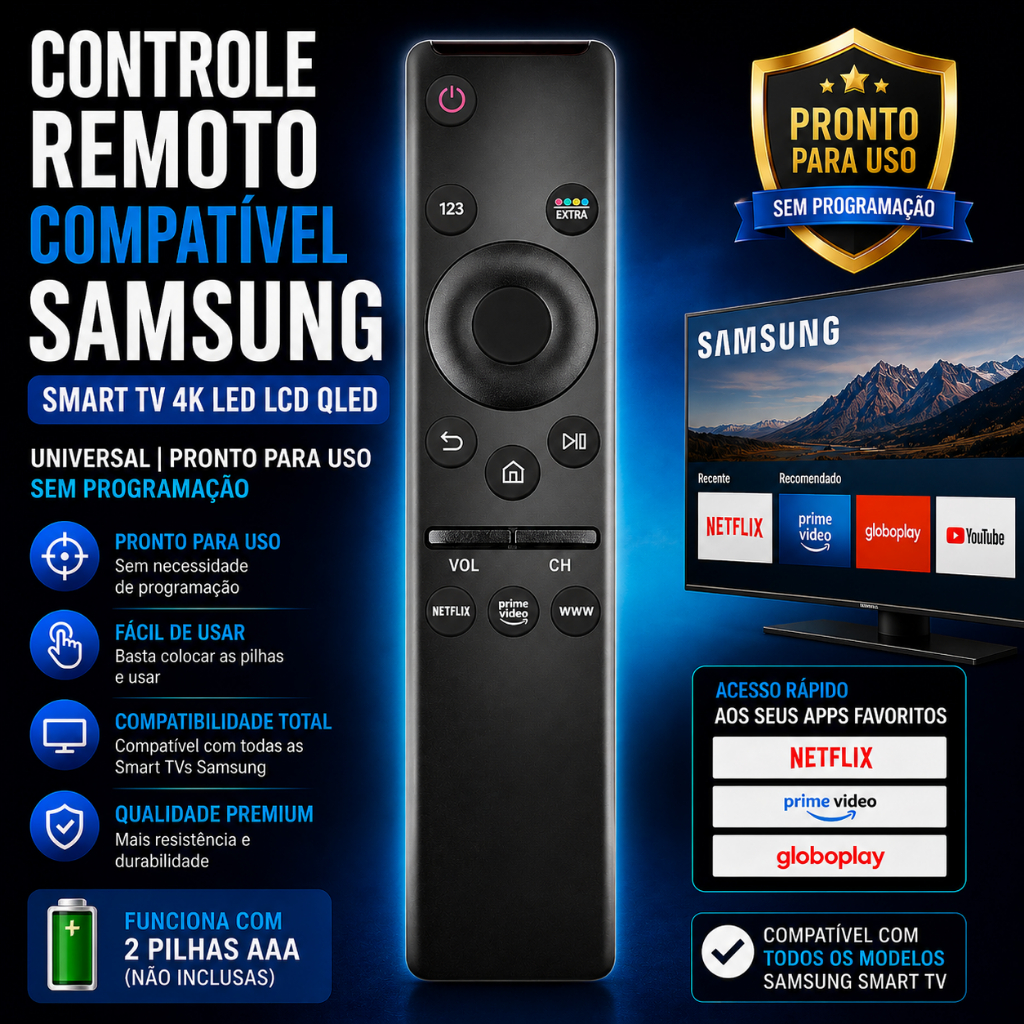 Controle Remoto Para Samsung Smart TV Compatível 4K LED LCD UHD QLED