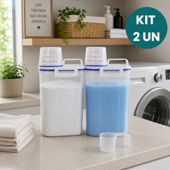 Kit 2 Potes Herméticos 2L Lavanderia Copo Medidor Bico Dosador Porta Sabão em Pó Amaciante Produtos de Limpeza