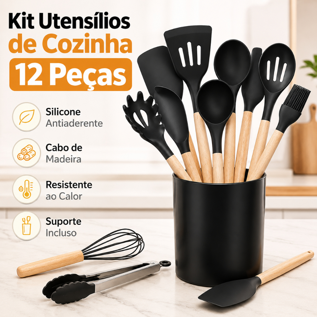 Kit Utensílios de Cozinha Silicone 12 Peças Cabo Madeira Antiaderente com Suporte