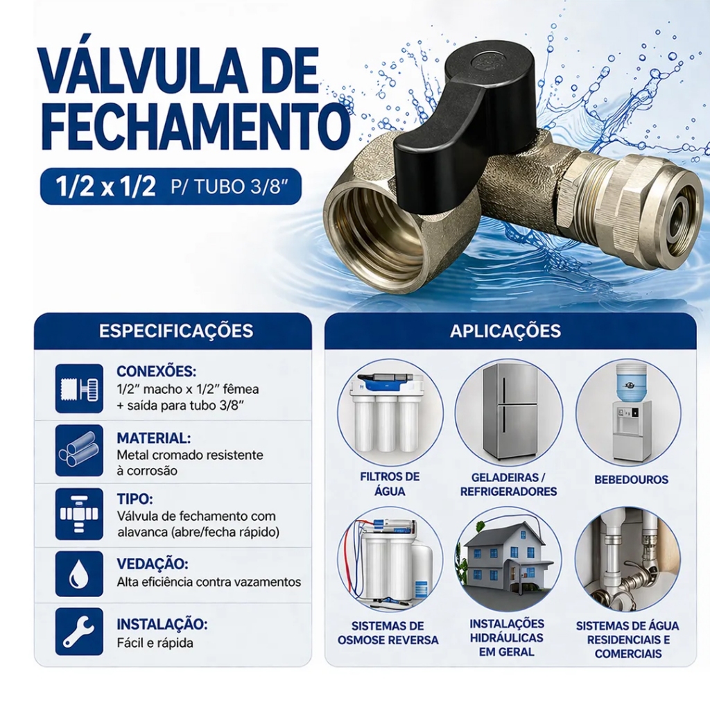 Válvula de Fechamento Hidráulica 1/2 x 1/2 + Tubo 3/8 Para Refrigeração e Bebedouros · foto 2