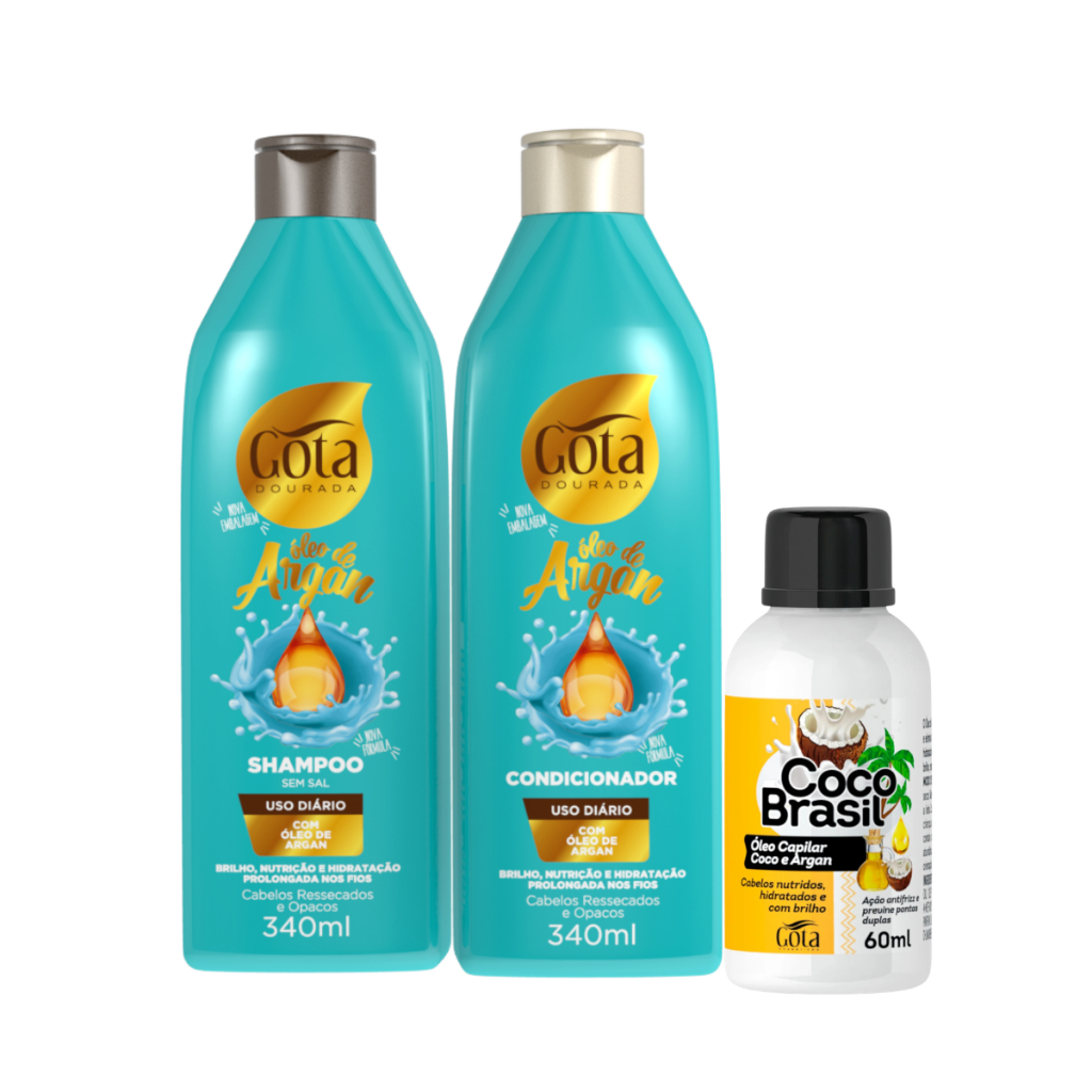 Kit Gota Dourada Shampoo e Condicionador Argan 340ml e Óleo Capilar Coco Brasil +Argan 60ml